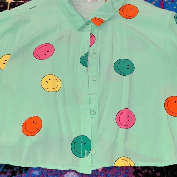 🙂colorful smiley button down crop top🙂 - Picture 2 of 4